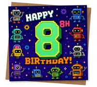8th Birthday Card for Child, Big 8, Pixel Robots | Celebrate an 8th birthday with a bold number 8, “HAPPY 8th BIRTHDAY” message and bright pixel robots and stars.