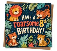 8th Birthday Card for Child, Roarsome Jungle Animals | Bold “Have a roarsome 8th Birthday!” for a Child, with cute lion, tiger and leopard on a dark jungle backdrop.