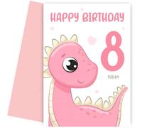 8th Birthday Card for Girl - 8 Year Old Birthday Card for Granddaughter, Daughter, Great Niece, Sister or Girls - Pink Dinosaur Bday Cards