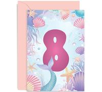 8th Birthday Card for Girl - Daughter Birthday Card Age Eight - Milestone Baby Greeting Cards 8 Year Old - Mermaid Shells Coral Birthday Card for Kids - Under Sea Eighth Bday