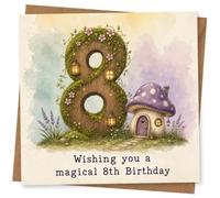 8th Birthday Card for Girl or Boy, Mossy Number 8 | Charming fairy-tale 8th birthday design for Girl or Boy: mossy number 8, lanterns, flowers and a toadstool house.