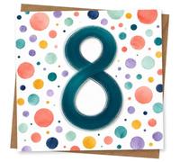 8th Birthday Card for Girl, Teal 8 & Colourful Dots | Large teal number 8 with scattered polka dots in coral, purple, yellow and green-fun for an 8th birthday for a Girl.
