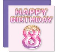 8th Birthday Card for Girls - Pink & Purple Glitter Balloons - Happy Birthday Cards for 8 Year Old Girl Daughter Sister Granddaughter Cousin, 145mm Bday Greeting Cards Gift