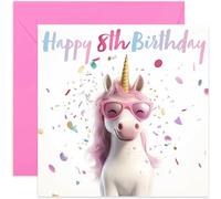 8th Birthday Card for Her Girls - Cool Unicorn in Pink Gunglasses - Unicorn BDay Gift for 8 Year Old Girls - Blank Inside with Envelope
