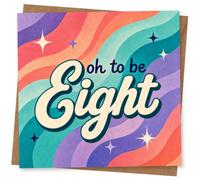 8th Birthday Card for Her, Retro Rainbow Waves, Oh to Be Eight | Bold “Oh to be Eight” wording set on colourful retro rainbow waves with starbursts for her 8th birthday.