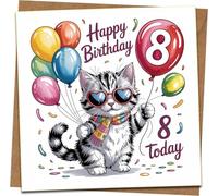 8th Birthday Card for Kids - Cute Cat with Balloons, Heart Sunglasses - 145mm x 145mm Square - Happy Birthday Age 8 Today - Includes Kraft Envelope - For Girls Boys Daughter Son