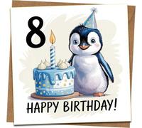 8th Birthday Card for Kids - Cute Penguin and Cake Design - Happy Birthday - 145mm x 145mm Square - Includes Kraft Envelope - For Boy or Girl, Son, Daughter, Grandson, Granddaughter