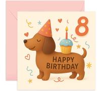 8th Birthday Card for Kids - Cute Sausage Dog Dachshund Puppy with Cupcake Design, for 8 Year Old Daughter Son Niece Granddaughter Sister Brother