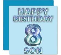 8th Birthday Card for Son - Blue Glitter Party Balloons - Happy Birthday Cards for 8 Year Old Son from Mum Dad Parents, 145mm Bday Greeting Cards Gift