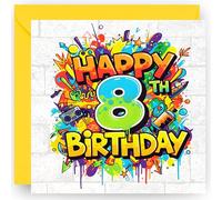 8th Birthday Card Gift for Boys and Girls - Graffiti Style Design - Happy 8 Years Old Birthday Greeting Card - with Vibrant Yellow Envelope - Size 14cm