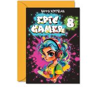 8th Birthday Card Girls - Epic Gamer Girl - Happy Birthday Card for 8 Year Old Girl Kids, 5x7 Inch Eight Eighth Bday Video Game Gaming Greeting Cards
