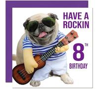 8th Birthday Card - Rock n Roll Pug Dog Funny Birthday Card for 8 Year old Kids eight, eighth