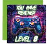 8th Birthday Cards for Boys - Neon Video Gamer - Happy Birthday Card for 8 Year Old Boy Grandson Nephew Cousin Brother, 145mm Bday Greeting Cards