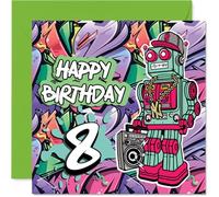 8th Birthday Cards for Boys - Wicked Graffiti Robot - Happy Birthday Card for 8 Year Old Boy Son Step Son Nephew Great Nephew, 145mm Bday Greeting Cards