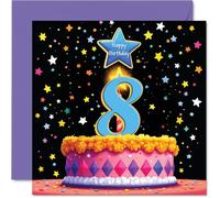 8th Birthday Cards for Girls Boys - Pink Cake & Stars - Happy Birthday Card for 8 Year Old Girl Boy Nephew Brother Cousin Grandson, 145mm Bday Greeting Cards