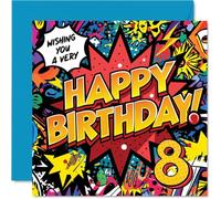 8th Birthday Cards for Girls Boys - Comic Book Pow! - Happy Birthday Card for 8 Year Old Girl Boy Sister Cousin Brother Granddaughter, 145mm Bday Greeting Cards