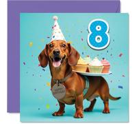 8th Birthday Cards for Girls Boys - Party Dog - Happy Birthday Card for 8 Year Old Girl Boy Grandson Brother Granddaughter Son, 145mm Bday Greeting Cards