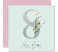 8th Birthday Cards for Girls - Fancy Floral Flowers - Happy Birthday Card for 8 Year Old Girl Niece Step Daughter Daughter Great Niece, 145mm Bday Greeting Cards