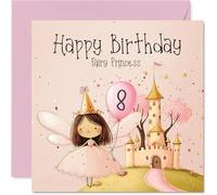 8th Birthday Cards for Girls - Pink Fairy Princess - Happy Birthday Card for 8 Year Old Girl Great Niece Step Daughter Cousin Granddaughter, 145mm Bday Greeting Cards
