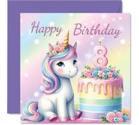 8th Birthday Cards for Girls - Unicorn Cake - Happy Birthday Card for 8 Year Old Girl Step Daughter Goddaughter Granddaughter Great Niece, 145mm Bday Greeting Cards