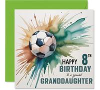 8th Birthday Cards for Granddaughter - Watercolour Football Splash - Happy Birthday Card for 8 Year Old Granddaughter from Grandad Grandma, 145mm Bday Greeting Cards