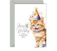 8th Birthday Cards for Son - Party Cat Kitten - Happy Birthday Card for 8 Year Old Son from Dad Mum, A5 Bday Boys Boy Kids Greeting Cards Gift for Son Birthday Gifts