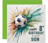 8th Birthday Cards for Son - Watercolour Football Splash - Happy Birthday Card for 8 Year Old Son from Dad Mum, 145mm Bday Greeting Cards