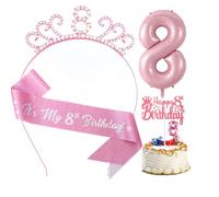 8th Birthday Decoration Sets for Girl,Including Sash and Headband,Candle,Cake Topper, Foil Balloon for Girl's Birthday Gift Party Decor Supplies (Pink 8th)