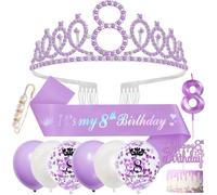 8th Birthday Decorations, 8th Birthday Sash and Tiara 8 Year Old Girls Gifts,Purple Crown Headband Sash,Balloons Cake Topper Candles Gifts for 8 Year Old for Girls