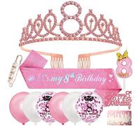 8th Birthday Decorations, 8th Birthday Sash and Tiara for Girls,Pink Rhinestone Crown Tiara Glitter Sash,8 Year Old Balloons Candles Cake Topper Happy Party Decorations Girls Gifts