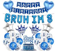 8th Birthday Decorations Balloons Boy - 33 PC Blue Silver 8th Birthday Set | 33 Pcs Blue Silver Bruh Im 8 Banner Fishtail Flag Star Crown Foil Balloons Cake Topper Set