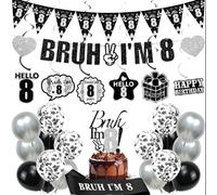 8th Birthday Decorations Balloons Boys - 28 Pcs Black Bruh I'M 8 Banner Swirl Hangings Confetti Balloons Sash Cake Topper for Kids Boy 8 Years Old Birthday Party Decor Supplies