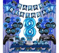 8th Birthday Decorations Banner Balloons - 109Pcs Video Game Party Supplies Set Include Fringe Curtain, Happy Birthday Cake Toppes Napkins Tablecloth Tableware for 8 Years Old Boys Kids