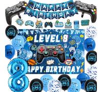 8th Birthday Decorations Banner Set - Blue Gaming Theme Balloons Kit with Hanging Swirls, Happy Birthday Backdrop Banners and Foil Balloons for Boys 8 Years Old Party Supplies