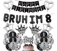 8th Birthday Decorations Banners Boys - 33 Pcs Black and Silver Happy Birthday Banner Bruh I'M 8 Star Heart Crown Foil Balloons Cake Topper Sequin Balloons for 8 Years Old Boy Party Decor Supplie