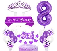 8th Birthday Decorations Birthday Princess Crown Queen Tiara Birthday Sash Birthday Headbands Cake Toppers Number Balloons Decorations Set for 8 Years Old Birthday Party Supplies