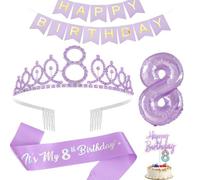 8th Birthday Decorations for Girls - Including Sash, Tiara, Candles, Banner, Cake Toppers & Digital Balloons