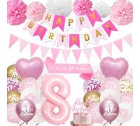 8th Birthday Decorations for Girls Pink - Happy 8th Birthday Party Number 8 Balloon Latex Balloons Banner Pennant, Cake Topper Sash Tissue Paper Pom Poms for 8-Year-Old Decoration Supplies