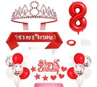 8th Birthday Decorations for Girls, Princess Crown Queen Tiara, It's My 8th Birthday Sash, 8 Year old Cake Topper, Number Balloons Set for Party Supplies, Red