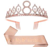 8th Birthday Decorations for Girls,Rose Gold Glitter Sash & Rhinestone Crown for 8 Year Old Girl Birthday Decor,Ideal Princess Gifts and Accessories for Little Birthday Girl