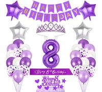 8th Birthday Decorations Girls Birthday Princess Crown Birthday Sash Happy Birthday Banner Cake Toppers Number Balloons Decorations Set for 8 Years Old Birthday Party Supplies, Warm Photo Backdrop