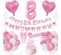 8th Birthday Decorations Girls, Pink Birthday Decoration Set Happy 8th Birthday Banner Bunting, Bow Pink White Balloons, Number 8 Heart Foilballoons, Hair Clips, Sash, Pink Bow Party Deco 8 Girls