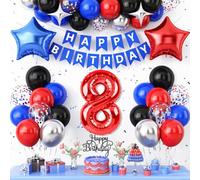 8th Birthday Decorations Red Black Blue,8th Party Balloons for Boys Kids Number 8 Balloon Star Foil Balloons Banner Cake Topper Kids Theme Birthday Party Decor