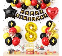 8th Birthday Decorations Red Black Yellow,8th Cartoon Birthday Balloon for Kids Printed Number 8 Balloons Banner Cake Topper Boy Girls Birthday Party Decor