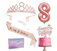 8th Birthday Decorations Set - Rose Gold 8th Birthday Sash and Tiara Party Crown, Cake Topper and Candles, Number 8 Foil Balloons, Party Supplies, 8th Year Old Gifts for Girl