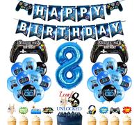 8th Birthday Decorations Video Game - 33 Pcs Blue Gaming Party Decoration Number 8 Foil Balloon Controller Balloons Level Up Cupcake Toppers Happy Birthday Banner for Gamer Boys Birthday Supplies
