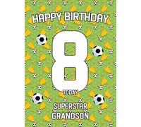 8th Birthday Football Card for Grandson - From Grandad Grandma Greeting Gift Keepsake Blank Inside Hobby Theme Premium Quality Envelope Included UK Seller