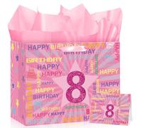 8th Birthday Gift Bag with Card & 3 Sheets Pink Tissue Paper, Glitter Pink Number 8 Star Present Bag for Girls, Large Luxury Happy Birthday Wrap for Daughter Granddaughter 8 Years Old