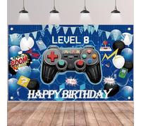 8th Birthday Party Banner Backdrop - Gaming Happy Birthday Decoration for Boys Game Theme Blue Background for Gamer Theme 8 Years Old Party Supplies