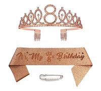 8th Birthday Sash Tiara and Crowns for Girls, Birthday Queen Rose Gold Tiara,Princess Tiara Rhinestone Headbands with Combs Bridal Wedding Tiaras for Wedding Prom Bridal Party Christmas